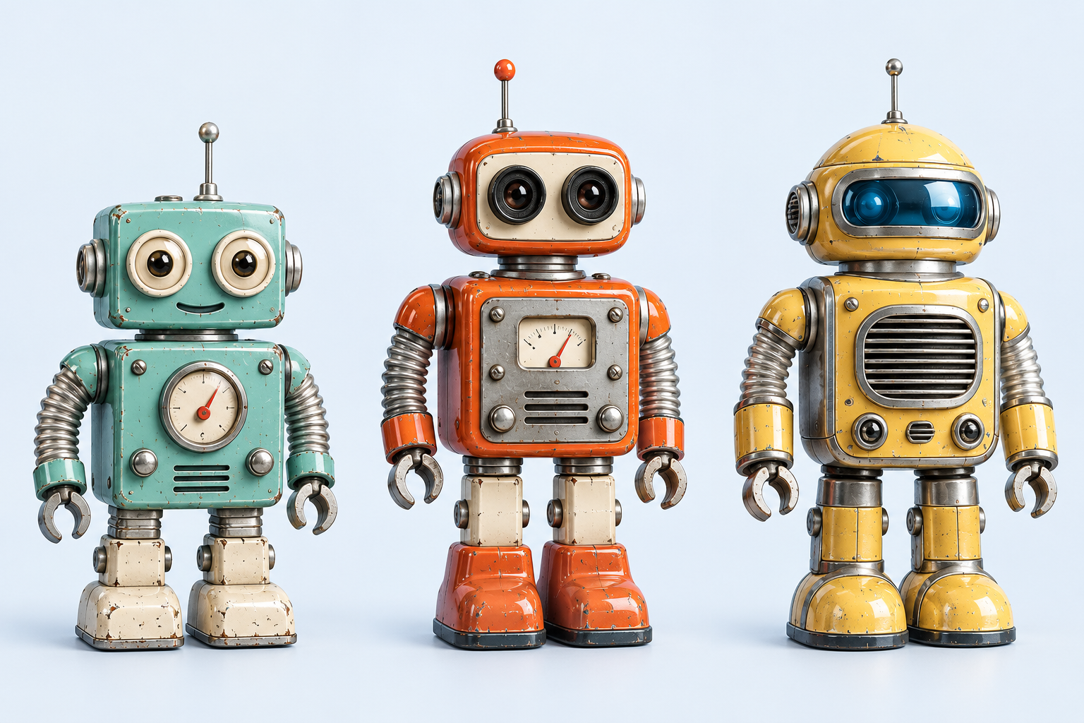 Three vintage tin robot characters: a mint scout, an orange mechanic, and a yellow radio bot.